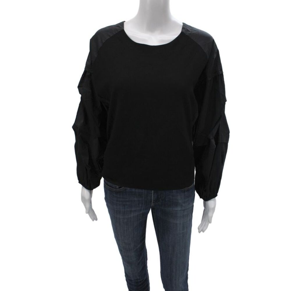Leo & Ugo Womens Basic Black Blouse Round Neck Pullover 3/4 Sleeve Size 2